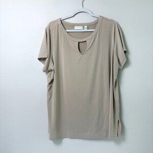 Susan Graver Liquid‎ Knit Top Womens Petite 2X 2XP Tan Keyhole Short Sleeve